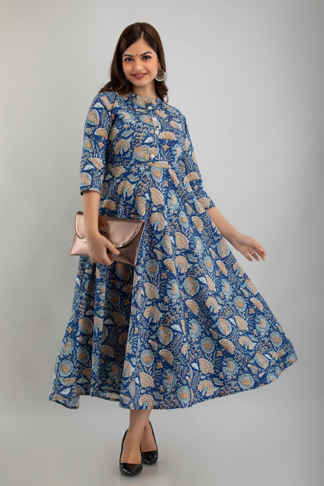 Women's Pure Cotton Printed Ankle Length Flared Traditional Kurta KR0109BLUE