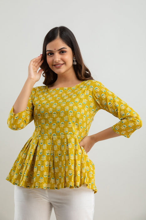 Women's Pure Cotton Printed Hip Length Formal Tops KRT026YELLOW