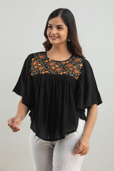 Women's Rayon embroidered Hip Length Formal Tops KRT019BLACK