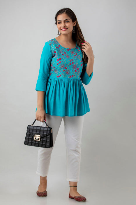 Women's Rayon embroidered Hip Length Formal Tops KRT037TURQUOISE