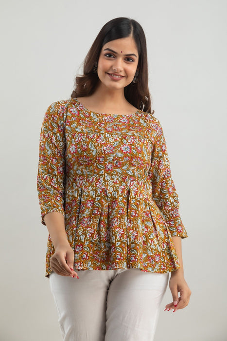 Women's Rayon Printed Hip Length Formal Tops KRT020MUSTARD