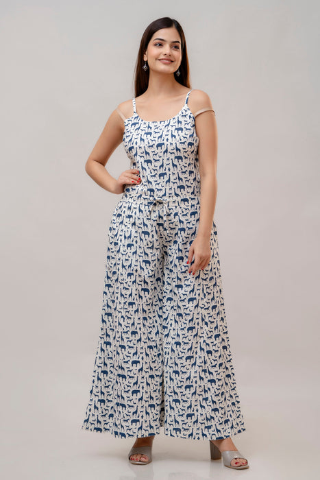 Cotton Sleeveless White and Blue Animal Print Co-ord Set