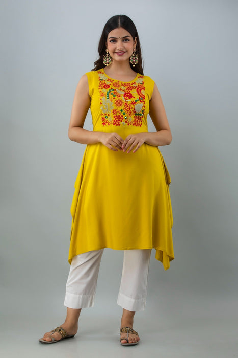 Women's Solid Dyed Rayon Designer Embroidered A-Line Kurta - KR0100MUSTARD