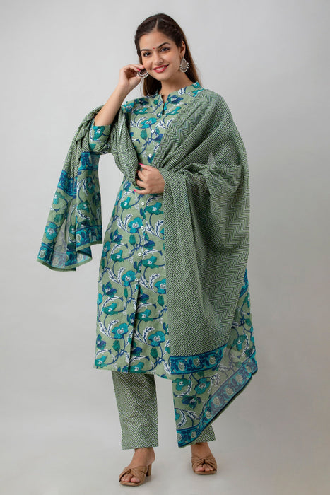 Traditional Zari Embroidery Work A-Line Kurta With Trouser & Dupatta - KR3002GREEN