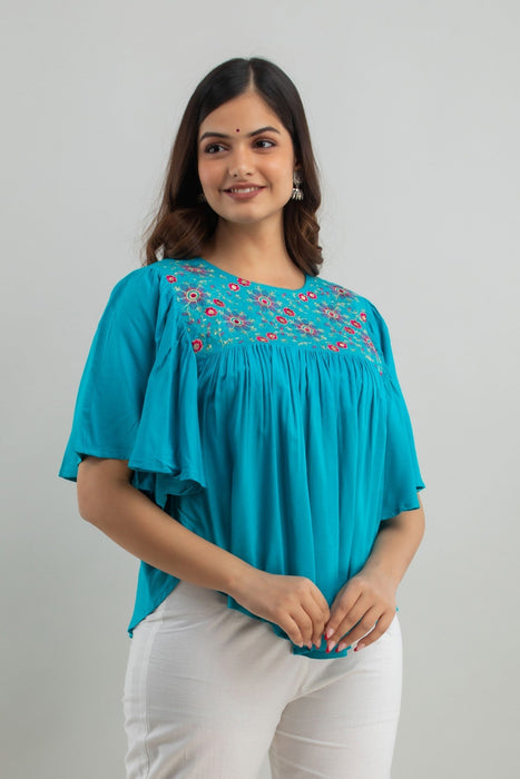 Women's Rayon embroidered Hip Length Formal Tops KRT019TURQUOISE