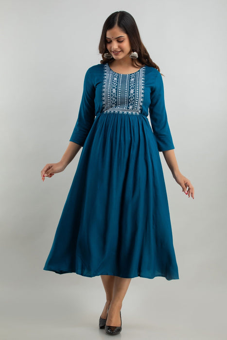 Women's Solid Dyed Rayon Designer Embroidered A-Line Kurta - KR0105BLUE