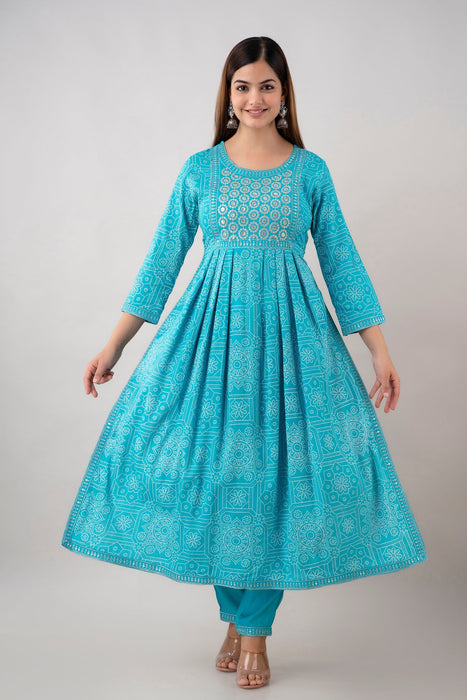 Traditional Zari Embroidery Work A-Line Kurta With Trouser & Dupatta - KR3004TURQUOISE