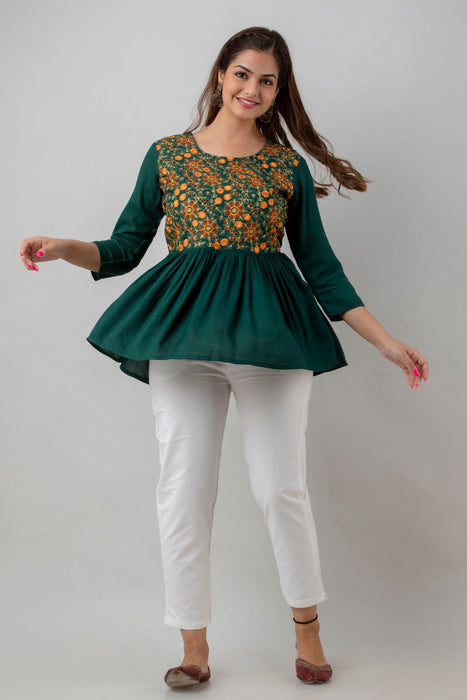 Women's Rayon embroidered Hip Length Formal Tops KRT037GREEN