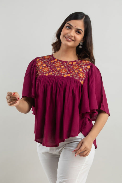 Women's Rayon embroidered Hip Length Formal Tops KRT019WINE