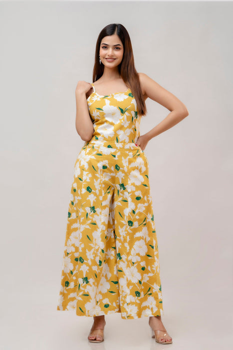 Cotton Sleeveless Yellow Floral Print Co-ord Set-WT6003YELLOW