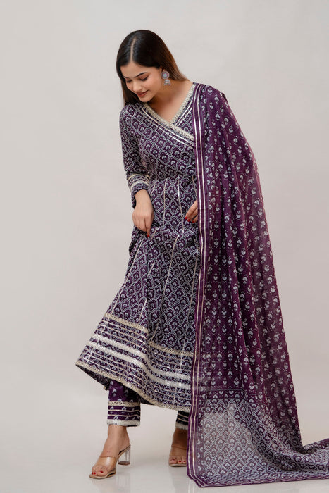 Cotton Anarkali Suit with Dupatta-WT3015PURPLE