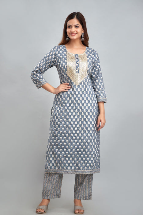 Traditional Zari Embroidery Work A-Line Kurta With Trouser & Dupatta - KR3011GREY