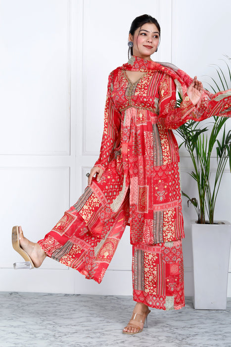 Women's Pure Muslin Chiffon 3 Pieces Sharara Set Hand Embroidery Zardoshi A100 Cherry