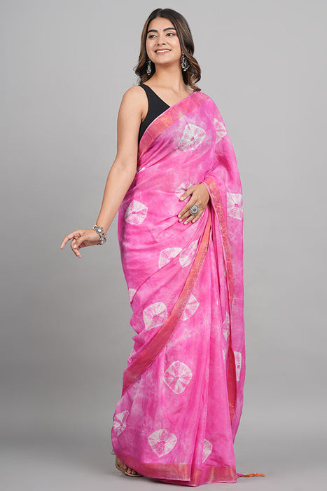 Tusser Silk (Chanderi) with 2 inches Zari border Pink Saree SAR21