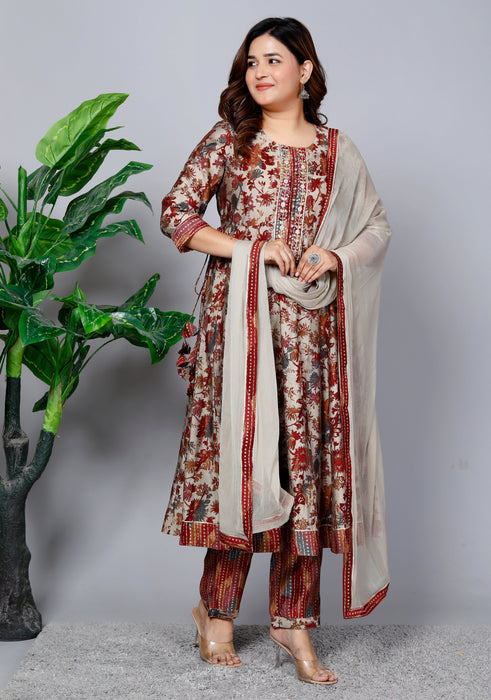 Women's Modal Chanderi Chiffon 3 Pieces Kurta Set A89 Rust