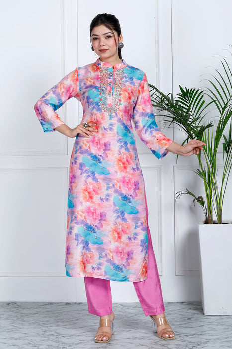 Women's Pure Muslin Chanderi Shantoon Silk 3 Pieces Kurta Set A93 Rainbow