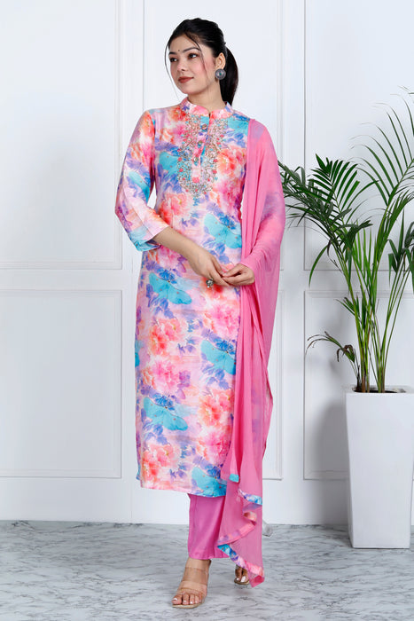 Women's Pure Muslin Chanderi Shantoon Silk 3 Pieces Kurta Set A93 Rainbow