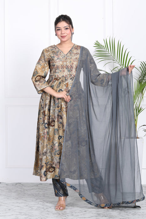 Women's Modal Chanderi Chiffon 3 Pieces Kurta Set A94 Grey