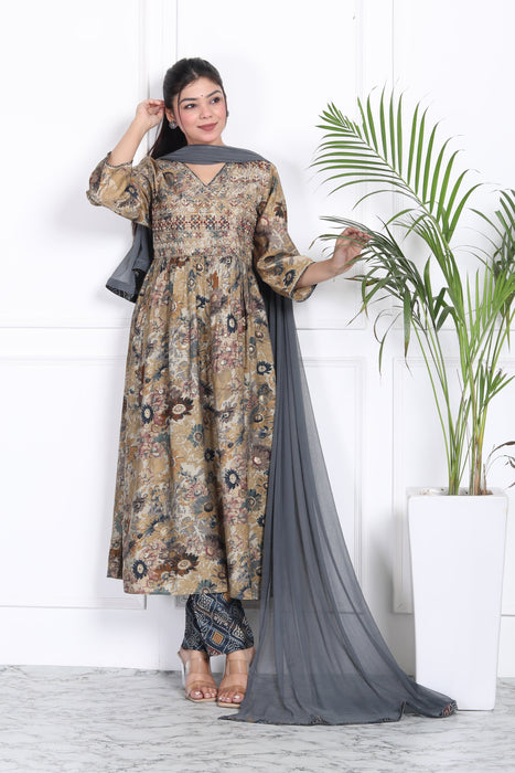 Women's Modal Chanderi Chiffon 3 Pieces Kurta Set A94 Grey