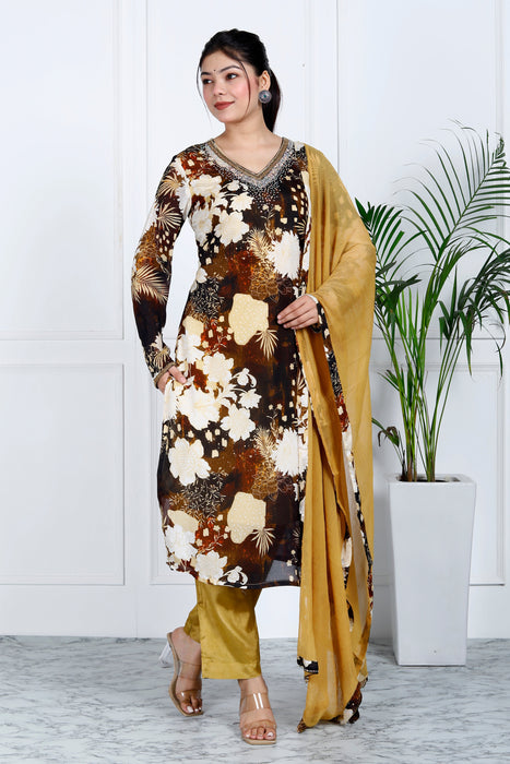 Women's Pure Muslin Shantoon Silk Chiffon 3 Pieces Kurta Set A95 Mustard