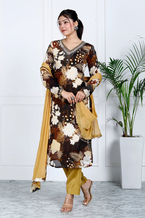 Women's Pure Muslin Shantoon Silk Chiffon 3 Pieces Kurta Set A95 Mustard