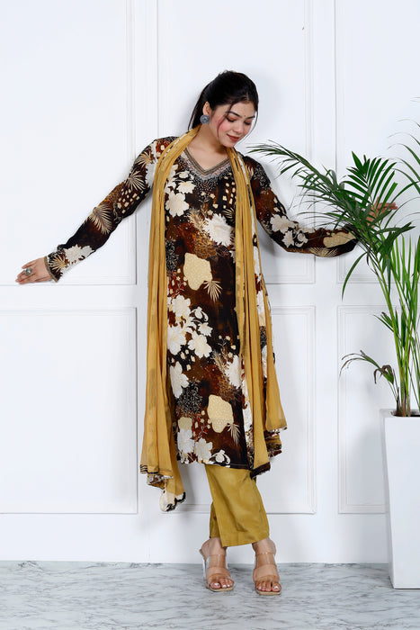 Women's Pure Muslin Shantoon Silk Chiffon 3 Pieces Kurta Set A95 Mustard