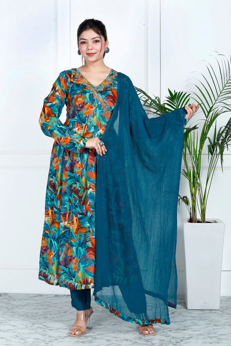 Women's Pure Chiffon Shantoon Silk Angarakha 3 Pieces Kurta Set A98 Blue