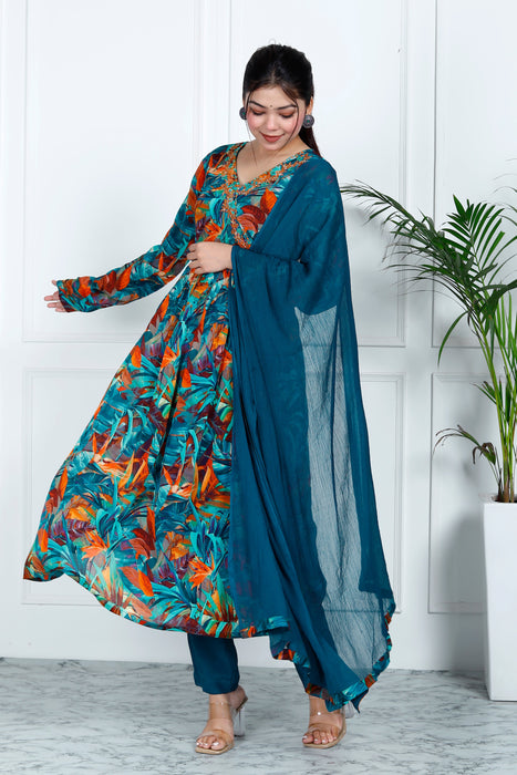 Women's Pure Chiffon Shantoon Silk Angarakha 3 Pieces Kurta Set A98 Blue