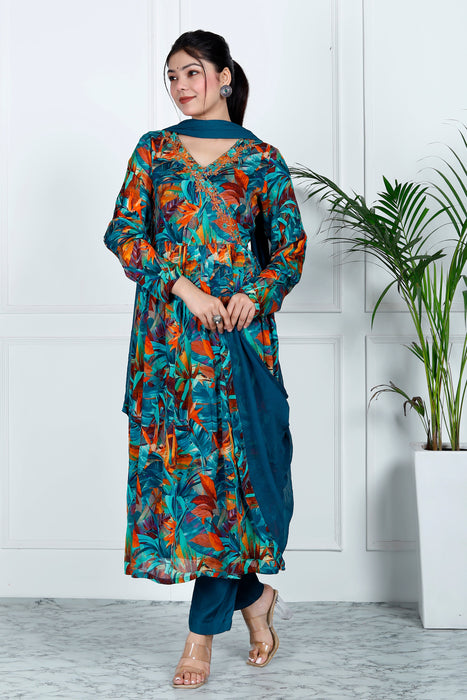 Women's Pure Chiffon Shantoon Silk Angarakha 3 Pieces Kurta Set A98 Blue