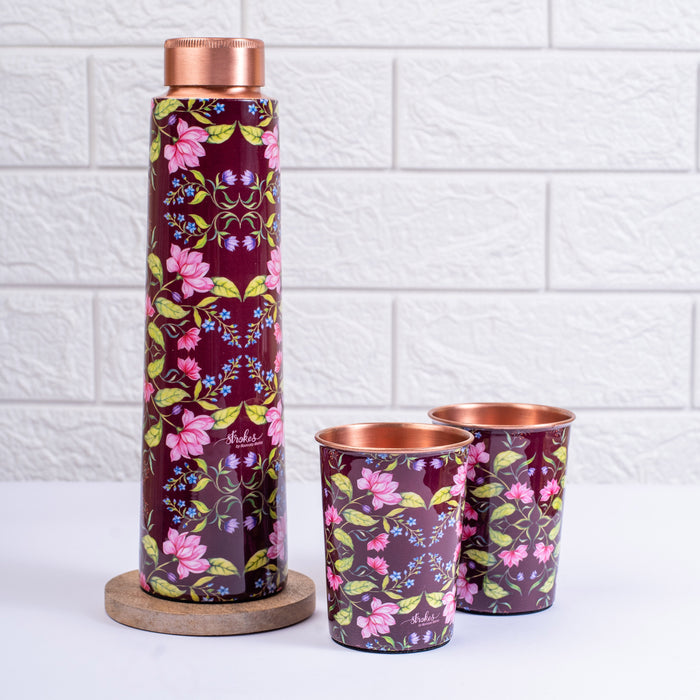 Summer Florescence Maroon Copper Bottle and Tumbler Set