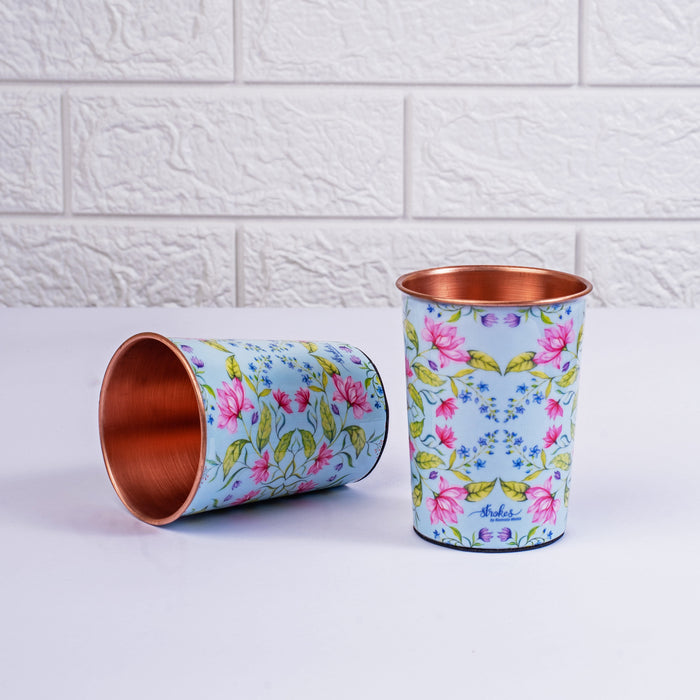 Summer Florescence Light Blue Copper Bottle and Tumblers - Gift Set