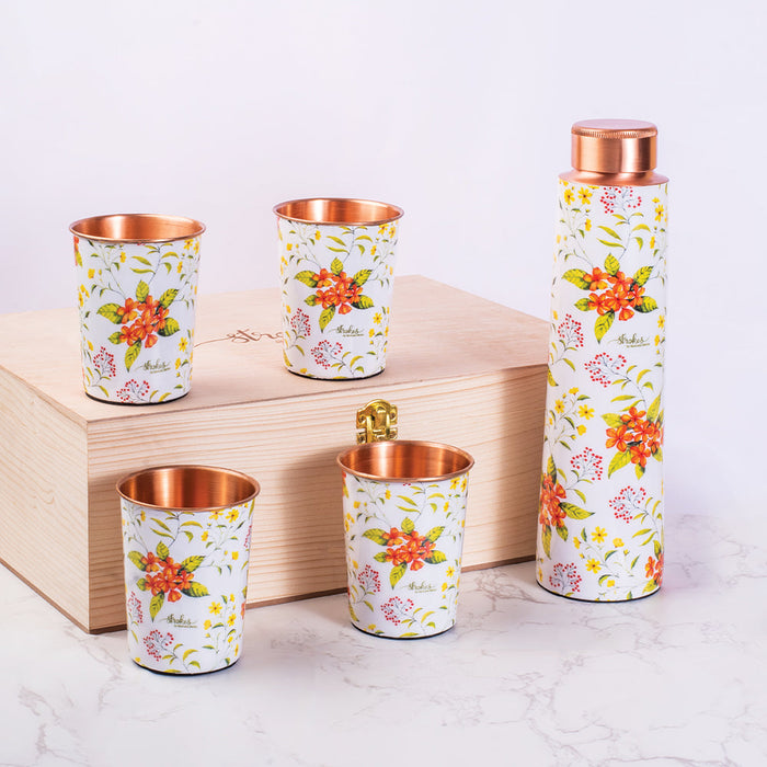 Yellow and Orange Floral Copper Bottle and Tumblers - Gift Set