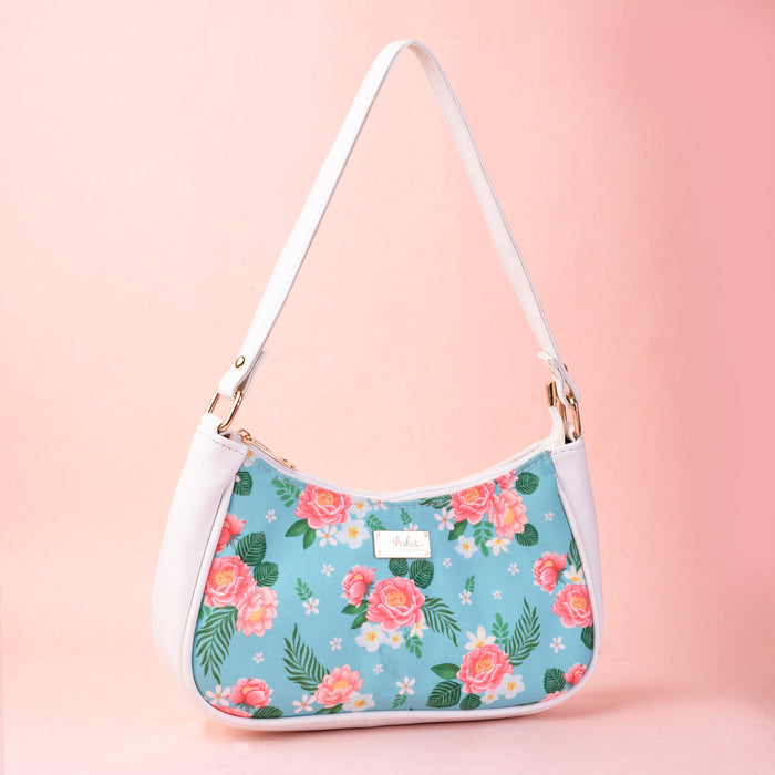 Peonies and Plumeria White and Blue Baguette Bag