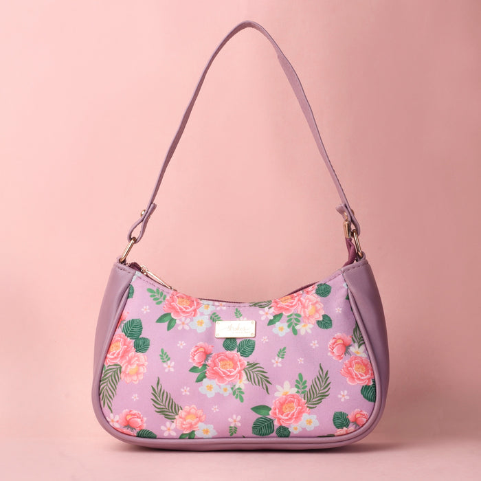 Peonies and Plumeria Lilac Baguette Bag