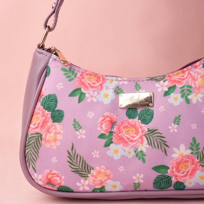 Peonies and Plumeria Lilac Baguette Bag