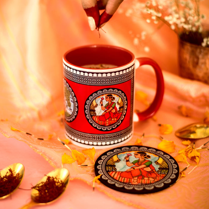 Ceramic Paripatra Pattachitra Mug with Coaster - Red