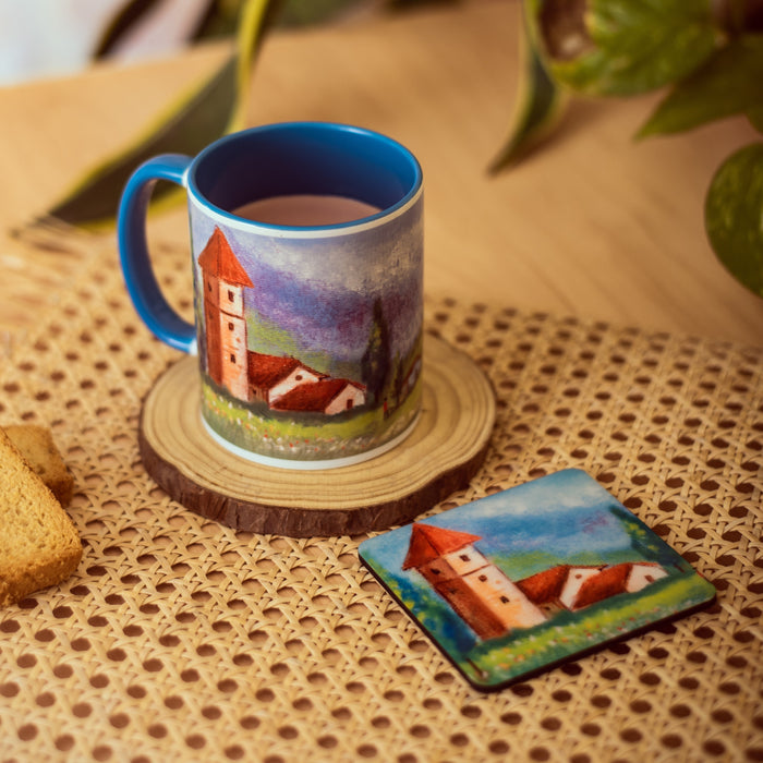 Ceramic Countryside Landscape Mug with Coaster - Blue