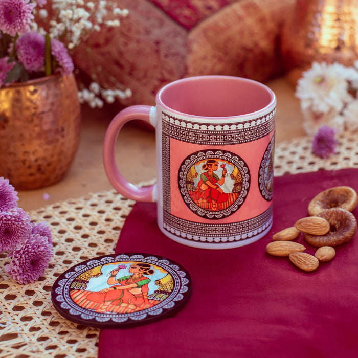 Ceramic Paripatra Pattachitra Mug with Coaster - Pink