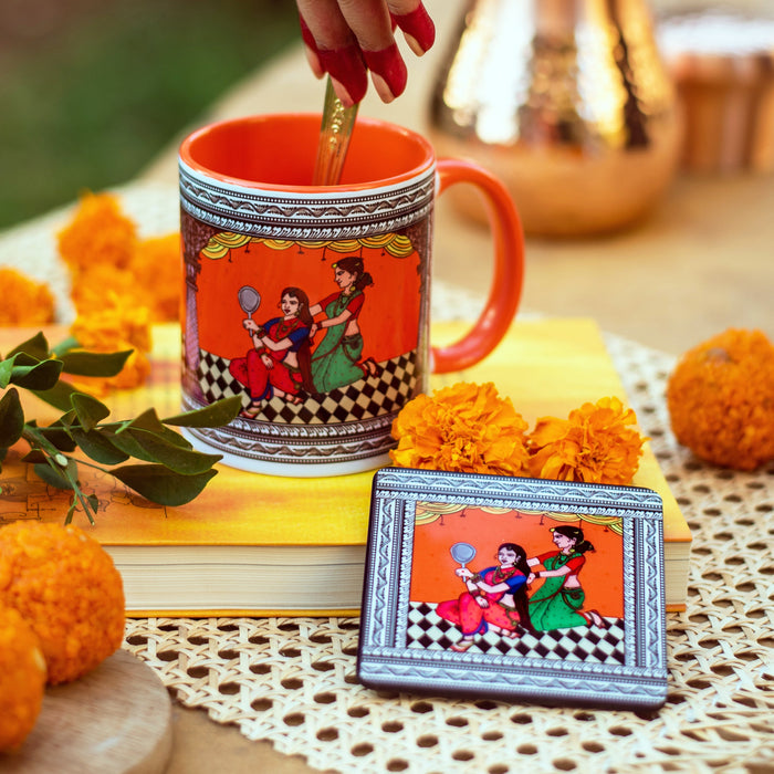 Ceramic Shringaar Pattachitra Mug with Coaster - Orange