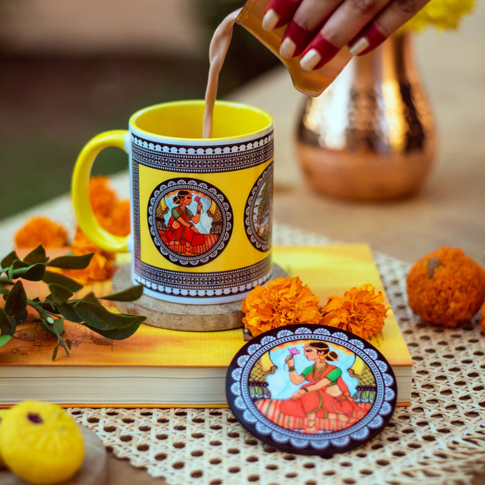 Ceramic Paripatra Pattachitra Mug with Coaster - Yellow