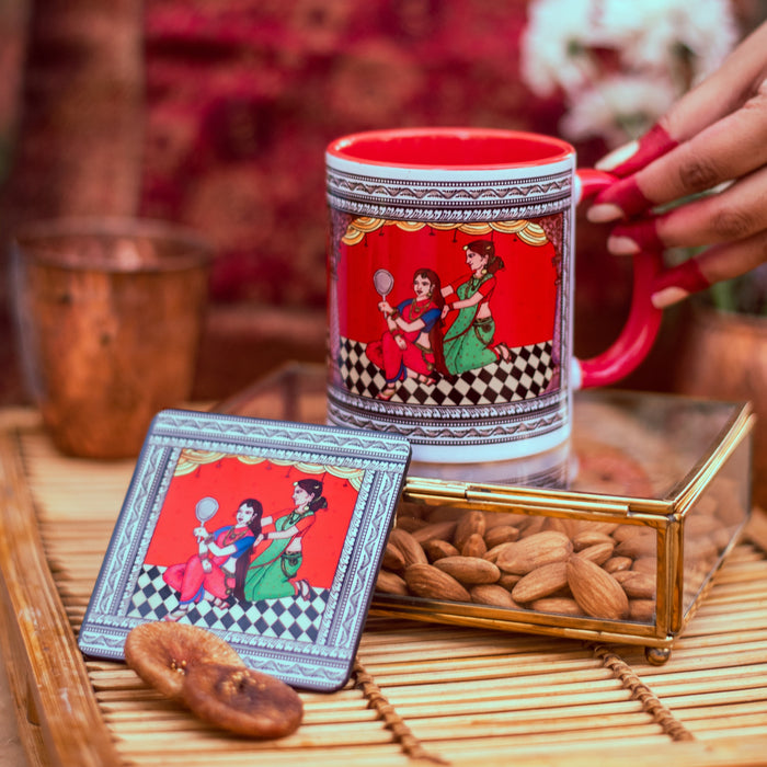 Ceramic Shringaar Pattachitra Mug with Coaster - Red