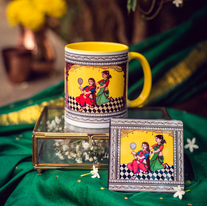 Ceramic Shringaar Pattachitra Mug with Coaster - Yellow