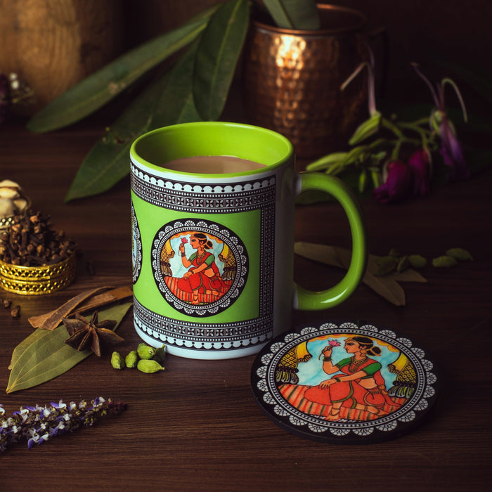 Ceramic Paripatra Pattachitra Mug with Coaster - Green