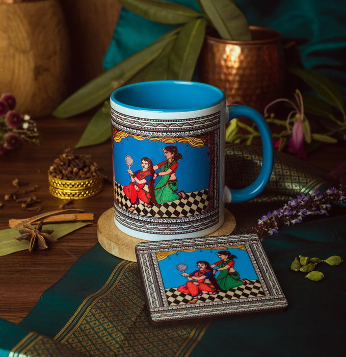 Ceramic Shringaar Pattachitra Mug with Coaster - Blue