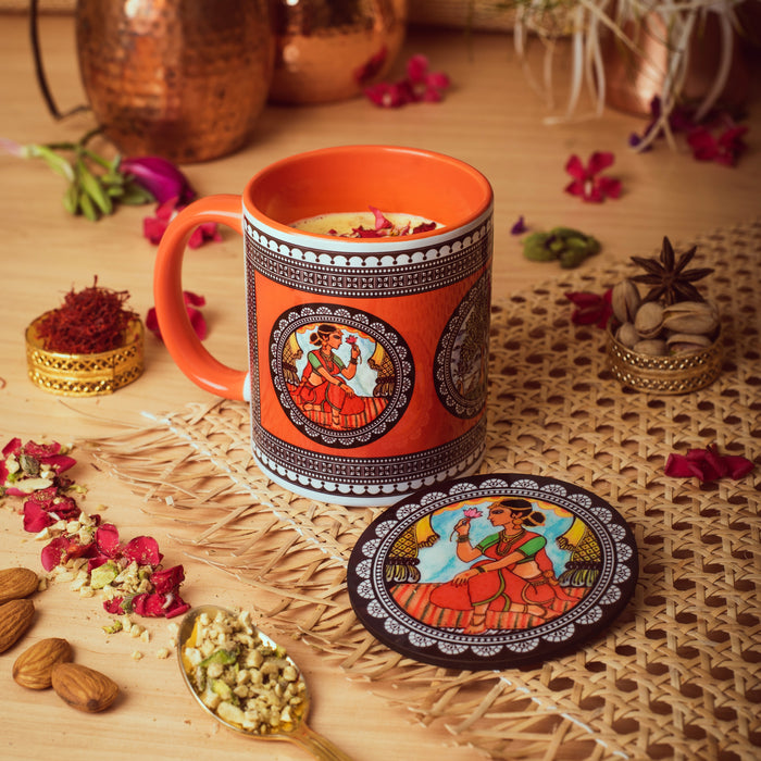 Ceramic Paripatra Pattachitra Mug with Coaster - Orange