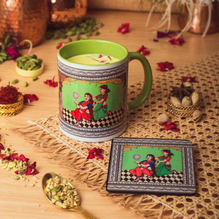 Ceramic Shringaar Pattachitra Mug with Coaster - Green