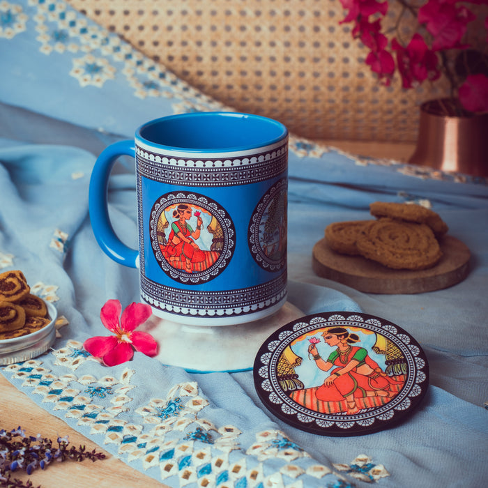 Ceramic Paripatra Pattachitra Mug with Coaster - Blue