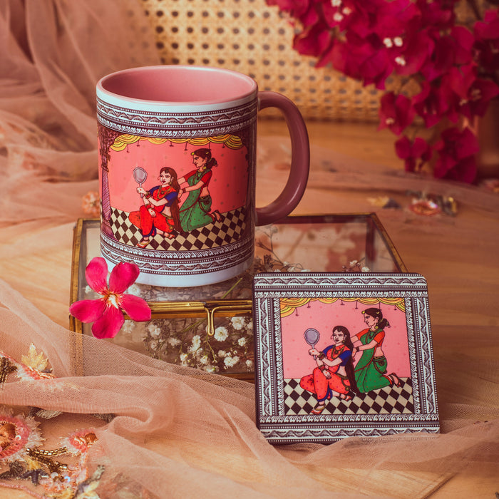 Ceramic Shringaar Pattachitra Mug with Coaster - Pink