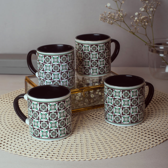 Vintage Tile Pattern Ceramic Tea cups - Set of 4 - Black and Green