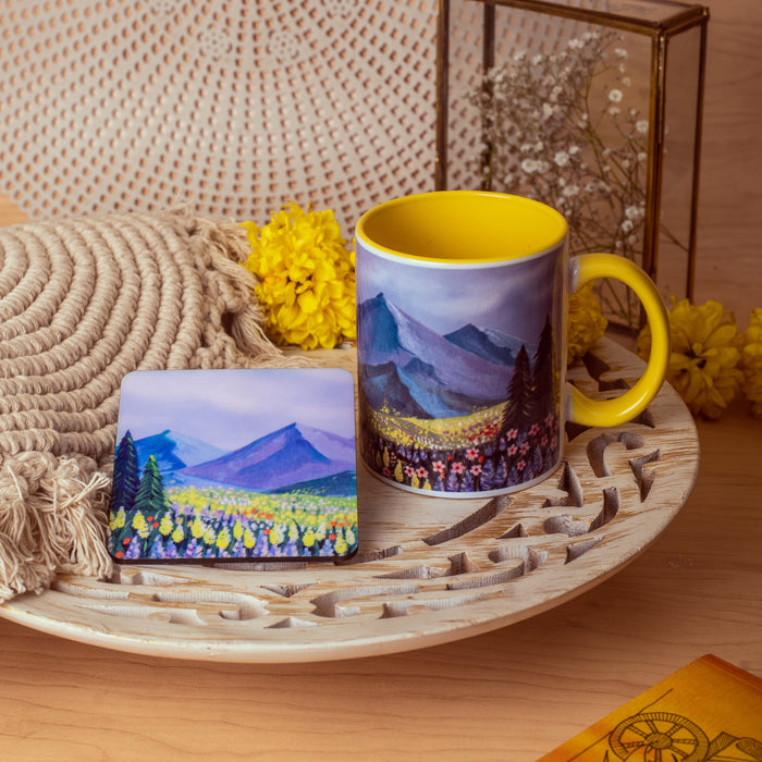 Ceramic Picturesque Landscape Mug with Coaster - Yellow